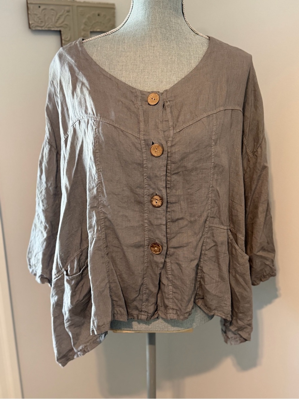 PURE VENICE Grey Linen Oversized Button Front 3/4 Sleeve Asymmetrical Jacket XL